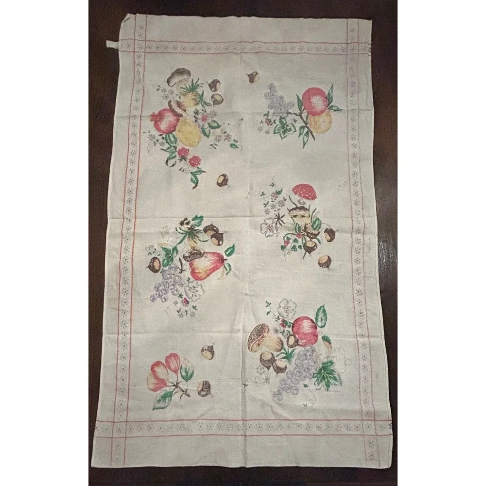 Vintage 80s Tea Towel Mushroom Fruit Botanical Cotton Cottagecore Farmhouse